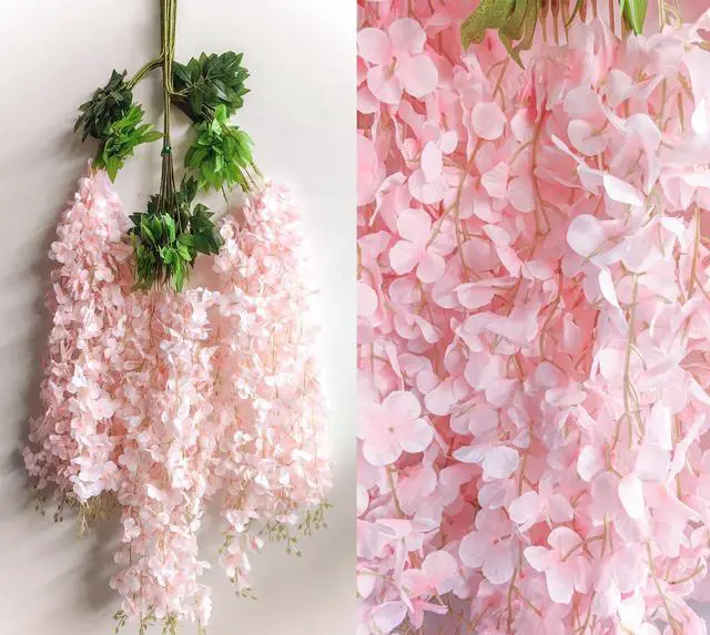 Alt view image 2 of 7 - Wisteria Hanging Flowers 12 Pack Artificial Flowers Fake Wisteria Vine Rattan Hanging Garland Silk Flowers String for Party Home Wall Greenery Wedding Decor (Light Pink)