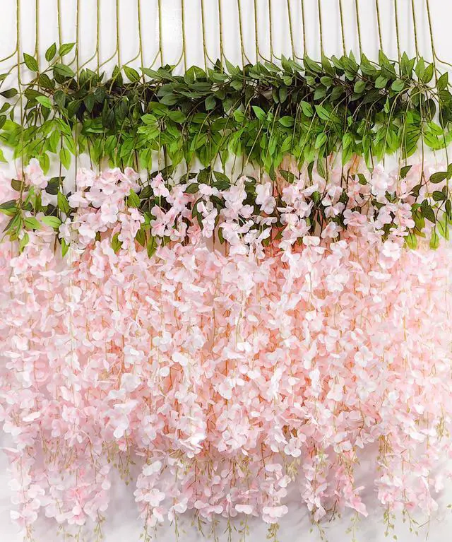 Main image of Wisteria Hanging Flowers 12 Pack Artificial Flowers Fake Wisteria Vine Rattan Hanging Garland Silk Flowers String for Party Home Wall Greenery Wedding Decor (Light Pink)