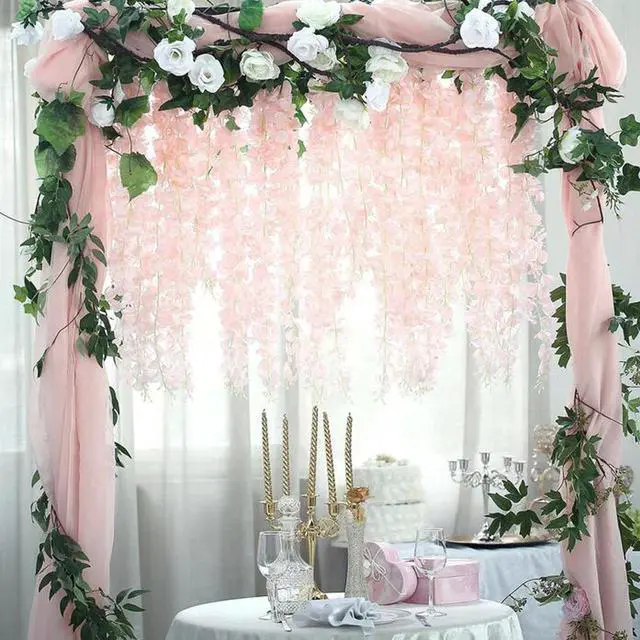 Alt view image 4 of 7 - Wisteria Hanging Flowers 12 Pack Artificial Flowers Fake Wisteria Vine Rattan Hanging Garland Silk Flowers String for Party Home Wall Greenery Wedding Decor (Light Pink)