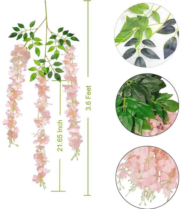 Alt view image 3 of 7 - Wisteria Hanging Flowers 12 Pack Artificial Flowers Fake Wisteria Vine Rattan Hanging Garland Silk Flowers String for Party Home Wall Greenery Wedding Decor (Light Pink)