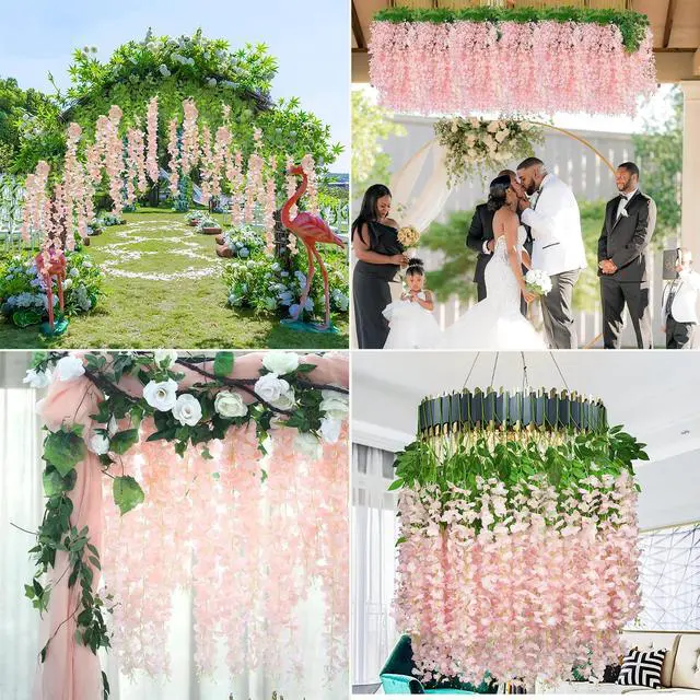 Alt view image 5 of 7 - Wisteria Hanging Flowers 12 Pack Artificial Flowers Fake Wisteria Vine Rattan Hanging Garland Silk Flowers String for Party Home Wall Greenery Wedding Decor (Light Pink)