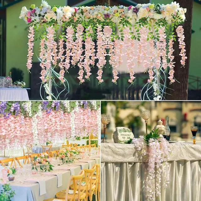 Alt view image 6 of 7 - Wisteria Hanging Flowers 12 Pack Artificial Flowers Fake Wisteria Vine Rattan Hanging Garland Silk Flowers String for Party Home Wall Greenery Wedding Decor (Light Pink)