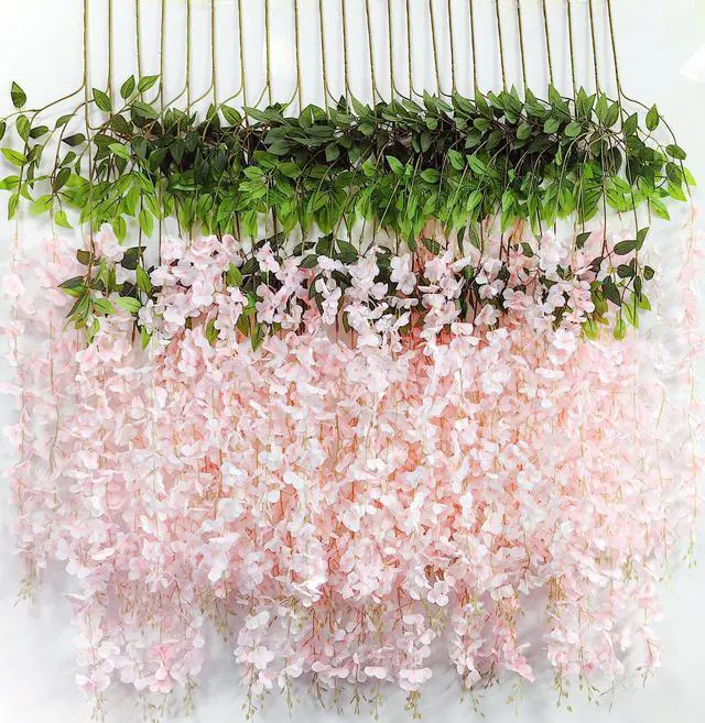 Alt view image 7 of 7 - Wisteria Hanging Flowers 12 Pack Artificial Flowers Fake Wisteria Vine Rattan Hanging Garland Silk Flowers String for Party Home Wall Greenery Wedding Decor (Light Pink)