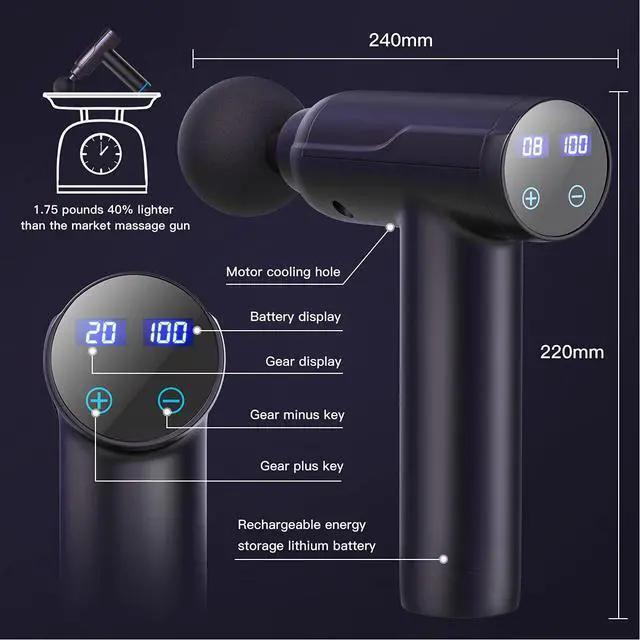 Alt view image 3 of 7 - Rexin Scisfuture Massage Gun - Deep Tissue Percussion Massage with 6 Heads, 20 Speeds for Athletes, Relieves Sore Muscles
