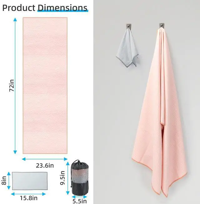 Alt view image 4 of 7 - Non-Slip Extra Thick Hot Yoga Towel with One Sweat Towel, Microfiber Sweat Absorbent Yoga Mat Towel with Grip Dot, Pilates Mat, 72" x 24", Pink