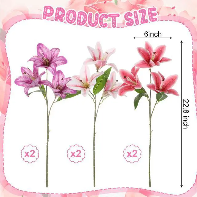 Alt view image 2 of 7 - 6 Pcs Artificial Lily Flowers Realistic Touch Faux Fake Lilies Plants for Wedding Bouquet Easter Home Indoor Table Office Vases Floral Arrangements Outdoor Garden Decor(Pink, Purple, Red)