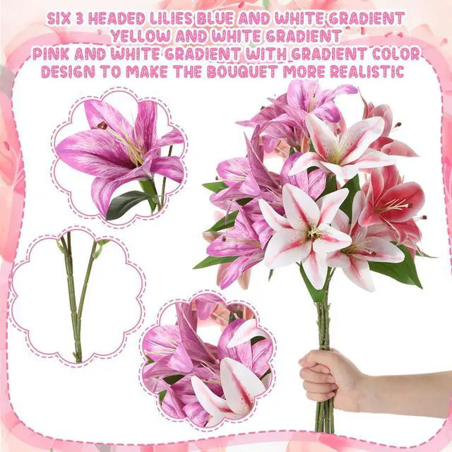 Alt view image 3 of 7 - 6 Pcs Artificial Lily Flowers Realistic Touch Faux Fake Lilies Plants for Wedding Bouquet Easter Home Indoor Table Office Vases Floral Arrangements Outdoor Garden Decor(Pink, Purple, Red)