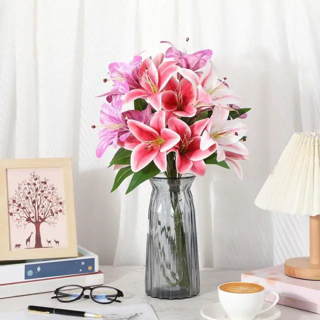Alt view image 7 of 7 - 6 Pcs Artificial Lily Flowers Realistic Touch Faux Fake Lilies Plants for Wedding Bouquet Easter Home Indoor Table Office Vases Floral Arrangements Outdoor Garden Decor(Pink, Purple, Red)