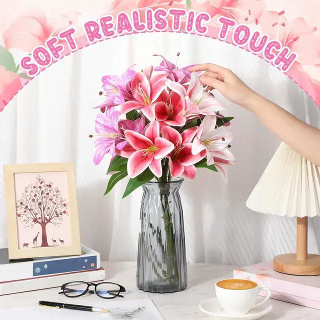 Alt view image 4 of 7 - 6 Pcs Artificial Lily Flowers Realistic Touch Faux Fake Lilies Plants for Wedding Bouquet Easter Home Indoor Table Office Vases Floral Arrangements Outdoor Garden Decor(Pink, Purple, Red)
