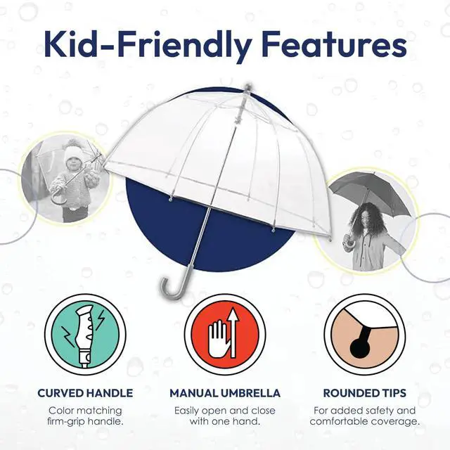 Alt view image 3 of 6 - Children's Dome Bubble Rain Umbrella, Kids, Clear, Fiberglass Frame, Windproof, Lightweight, Stick, Full 36 Inch Arc