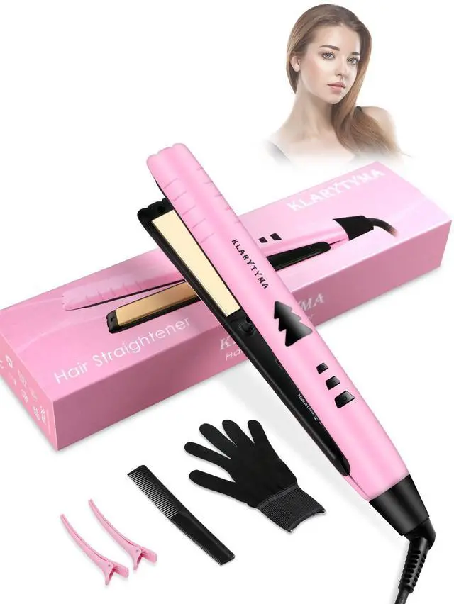 Main image of Lightweight 2 in 1 Hair Straightener & Curler, Titanium 3D Floating Plates 15s Instant Heating, Negative Ion Tech for Smooth Hair, Mini Portable with Pouch & Anti-Scald Glove, Pink
