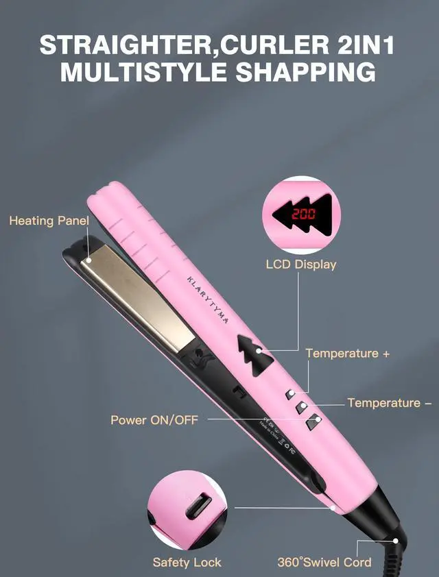 Alt view image 2 of 7 - Lightweight 2 in 1 Hair Straightener & Curler, Titanium 3D Floating Plates 15s Instant Heating, Negative Ion Tech for Smooth Hair, Mini Portable with Pouch & Anti-Scald Glove, Pink