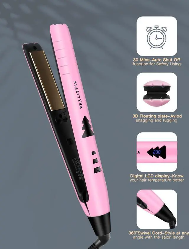 Alt view image 3 of 7 - Lightweight 2 in 1 Hair Straightener & Curler, Titanium 3D Floating Plates 15s Instant Heating, Negative Ion Tech for Smooth Hair, Mini Portable with Pouch & Anti-Scald Glove, Pink