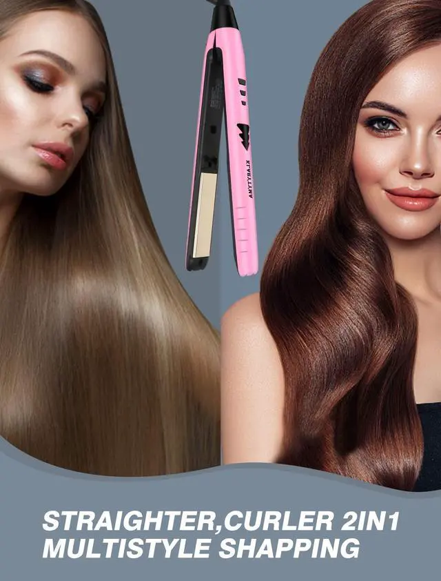 Alt view image 4 of 7 - Lightweight 2 in 1 Hair Straightener & Curler, Titanium 3D Floating Plates 15s Instant Heating, Negative Ion Tech for Smooth Hair, Mini Portable with Pouch & Anti-Scald Glove, Pink