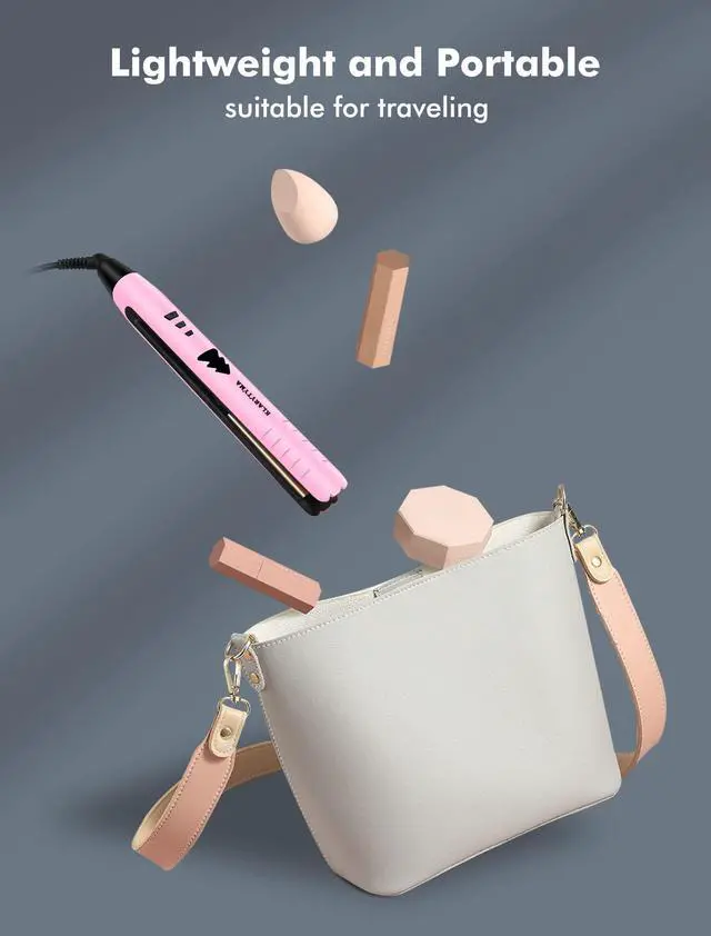 Alt view image 7 of 7 - Lightweight 2 in 1 Hair Straightener & Curler, Titanium 3D Floating Plates 15s Instant Heating, Negative Ion Tech for Smooth Hair, Mini Portable with Pouch & Anti-Scald Glove, Pink
