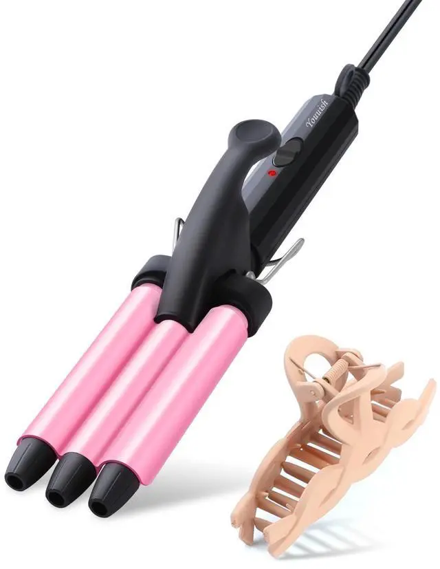 Main image of Mini Hair Crimper 1/2 Inch, Small 3 Barrel Curling Iron Hair Waver Dual Voltage for Home and Travel, Triple Ceramic Tiny Barrels Create Natural Tight Beachy Waves, Pink