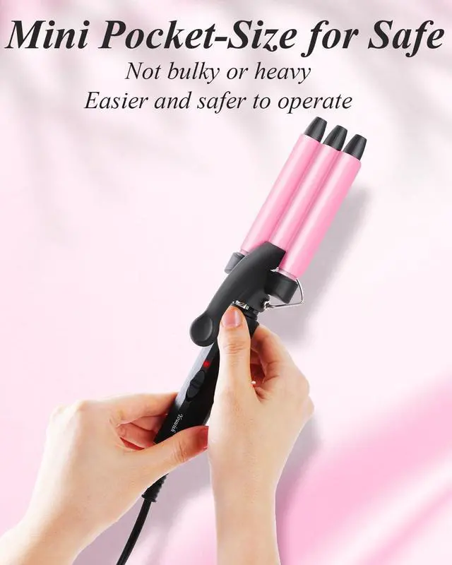 Alt view image 2 of 7 - Mini Hair Crimper 1/2 Inch, Small 3 Barrel Curling Iron Hair Waver Dual Voltage for Home and Travel, Triple Ceramic Tiny Barrels Create Natural Tight Beachy Waves, Pink