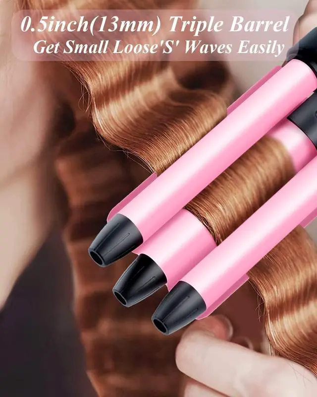Alt view image 4 of 7 - Mini Hair Crimper 1/2 Inch, Small 3 Barrel Curling Iron Hair Waver Dual Voltage for Home and Travel, Triple Ceramic Tiny Barrels Create Natural Tight Beachy Waves, Pink