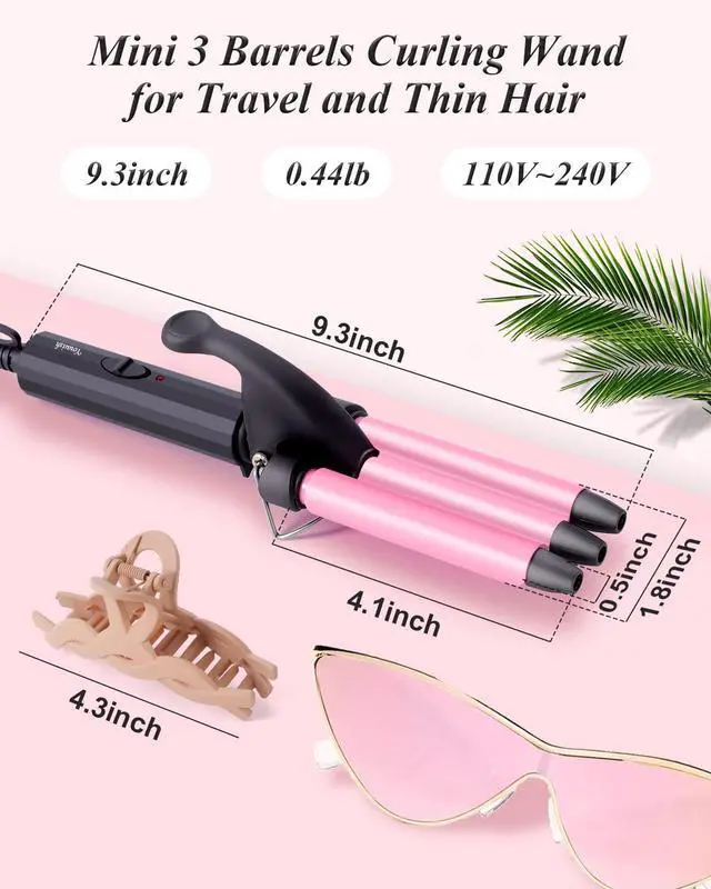 Alt view image 6 of 7 - Mini Hair Crimper 1/2 Inch, Small 3 Barrel Curling Iron Hair Waver Dual Voltage for Home and Travel, Triple Ceramic Tiny Barrels Create Natural Tight Beachy Waves, Pink