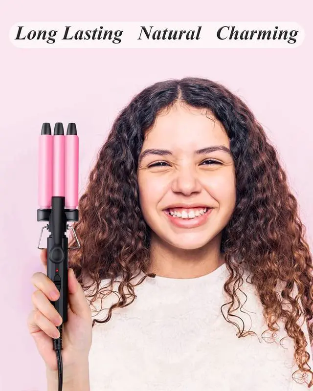 Alt view image 7 of 7 - Mini Hair Crimper 1/2 Inch, Small 3 Barrel Curling Iron Hair Waver Dual Voltage for Home and Travel, Triple Ceramic Tiny Barrels Create Natural Tight Beachy Waves, Pink