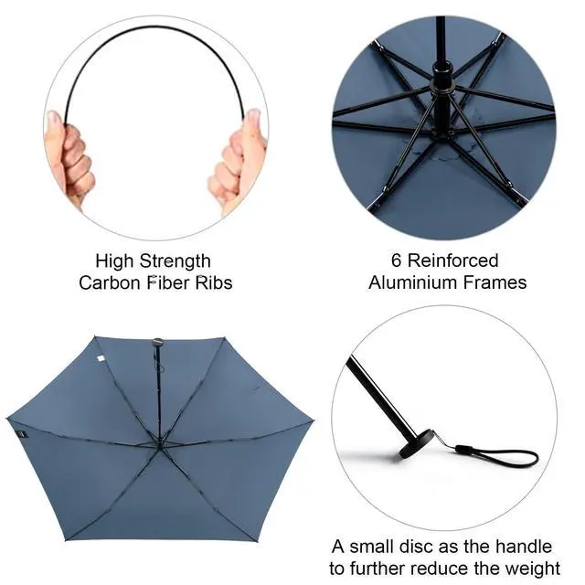 Alt view image 5 of 7 - Travel Umbrella Compact Ultralight Carbon Fiber Super Slim Small Mini UV Sun Umbrellas - Weighs Only 4 oz (Navy Blue)
