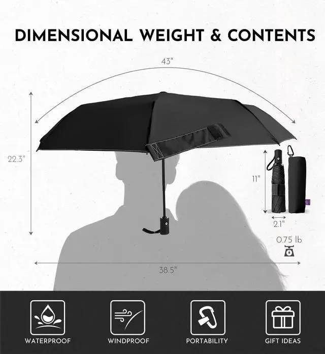 Alt view image 6 of 6 - Compact Travel Windproof Umbrella, 43" Auto open/close Folding Quick Dry Umbrellas for Rain, Lightweight Portable Small for Backpack Car, Thoughtful Gift for Women Men Kids, TSA Approved, 2-Black