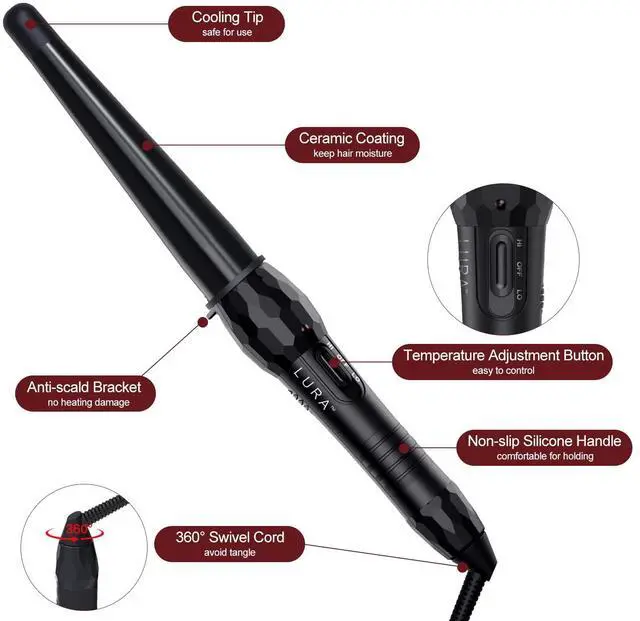 Alt view image 7 of 7 - Ceramic Tourmaline Coating Curling Wand, 3/4-1 1/4 Inch Barrel Hair Curler with 2 Heat Setting (320/410), Suitable for All Hair Types