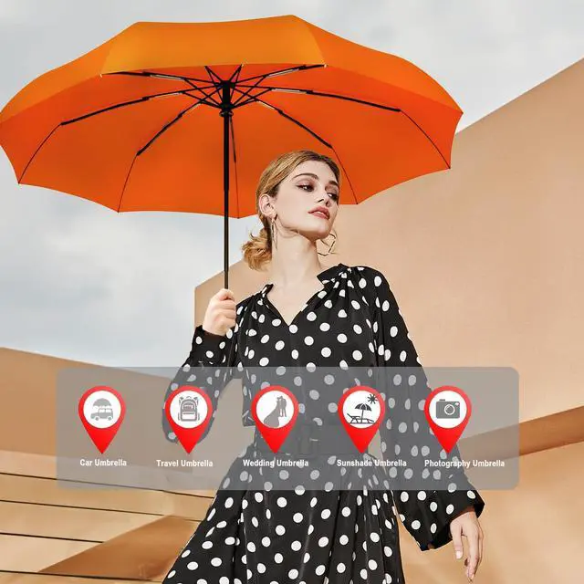 Alt view image 4 of 7 - Windproof Travel Compact Umbrella-Automatic Umbrellas for Rain-Compact Folding Umbrella, Travel Umbrella Compact, Small Portable Windproof Umbrellas for Men Women Teenage. (Orange)