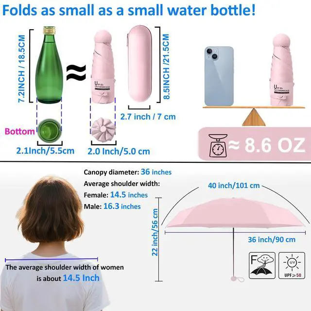 Alt view image 5 of 7 - Travel Essentials Mini Umbrella for Purse With Case Small Compact UV Sun Protection Lightweight Tiny Pocket Manual Open Close Umbrella for Women Kids and Men Fits Purse Backpack