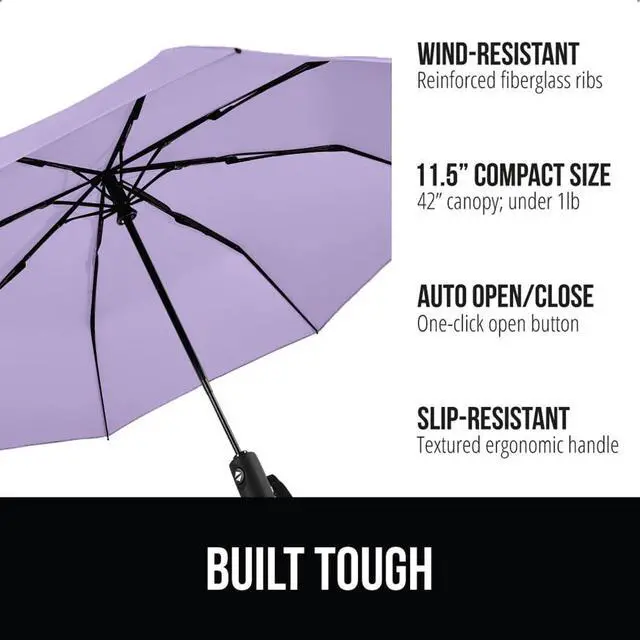 Alt view image 2 of 7 - Compact Travel Size Umbrella for Rain, Sleek Design Fits Backpack, Purse and Carry On, Lightweight Under 1lb, One Click Open and Close, Wind Resistant, Durable Waterproof, Purple