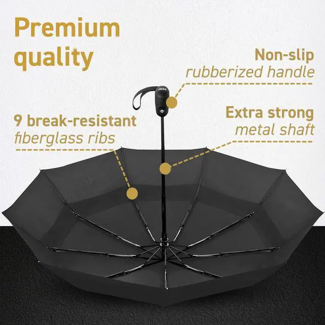Alt view image 5 of 7 - Travel Umbrellas for Rain - Wind Resistant w/Open Close Button - Black