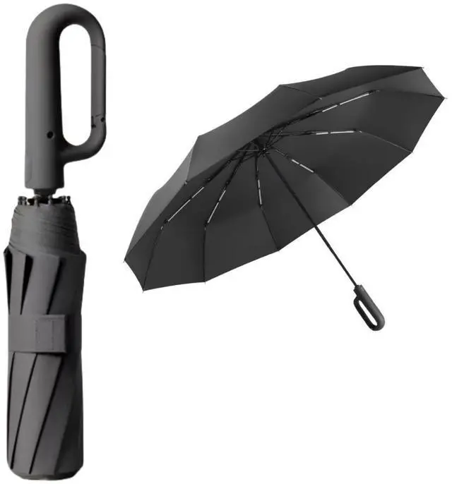 Main image of Foldable Umbrella for Travel,42inch 10 Ribs Heavy Duty Automatic Open Shut Umbrella with Comfortable Carabiner Handle for Men Women Rain Sun Windproof Loop Buckle Parasol Black