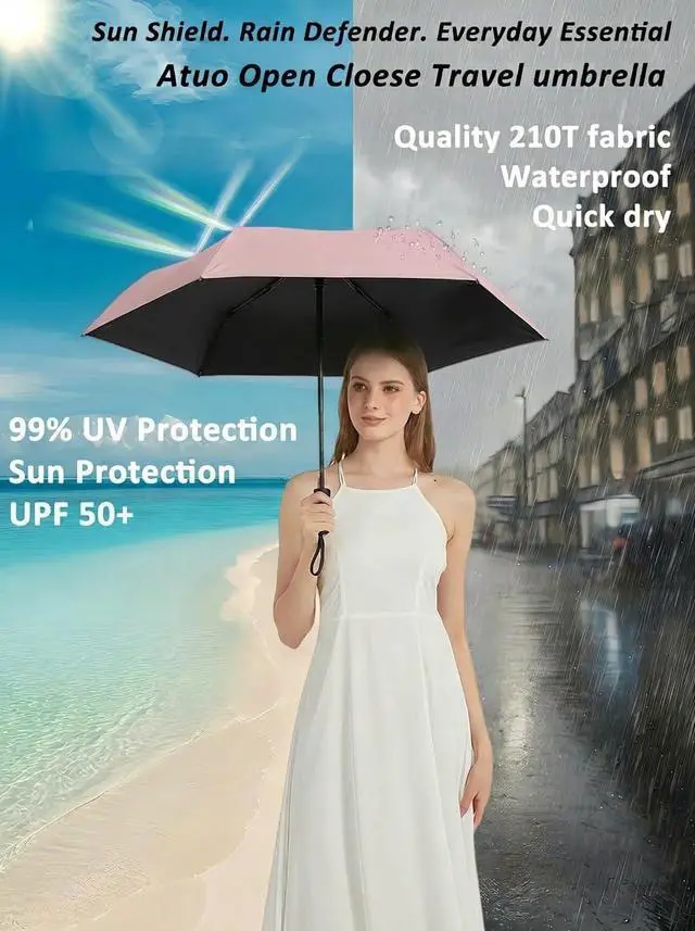 Alt view image 2 of 6 - Compact Travel Umbrella Small Windproof Auto Open Close for UV Sun Protection UPF 50+ and Rain Fits Backpack Purse & Suitcase