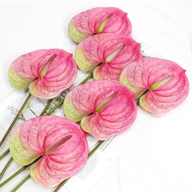 Alt view image 3 of 5 - 6 PCS 24inch Artificial Anthurium Lily Flowers Home Decor Bouquet and Green Leaf for Wedding Festival Party,Hotel Decor Flower Bouquet Accessories (Pink)