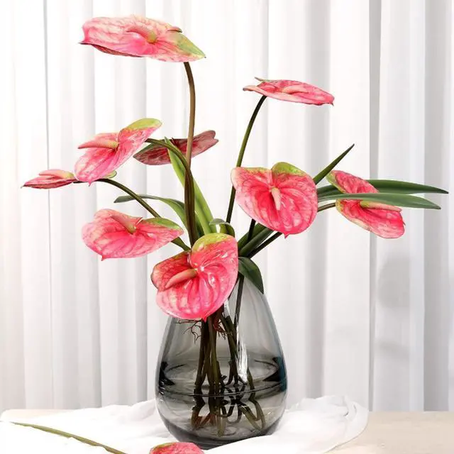 Alt view image 5 of 5 - 6 PCS 24inch Artificial Anthurium Lily Flowers Home Decor Bouquet and Green Leaf for Wedding Festival Party,Hotel Decor Flower Bouquet Accessories (Pink)