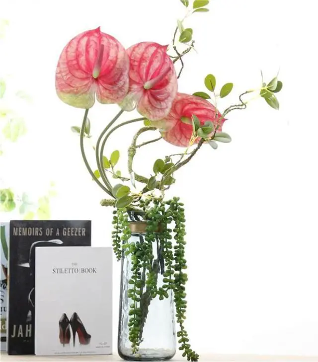 Alt view image 4 of 5 - 6 PCS 24inch Artificial Anthurium Lily Flowers Home Decor Bouquet and Green Leaf for Wedding Festival Party,Hotel Decor Flower Bouquet Accessories (Pink)