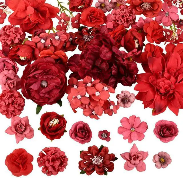 Main image of 1 Box 51Pcs Random Style Red Faux Flower Heads Artificial Flower Heads Silk Fabric Blossoms Wedding Party Home Decoration for Wreath Garland Making Supplies DIY Crafts Cake Toppers Bouquets