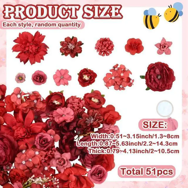 Alt view image 2 of 4 - 1 Box 51Pcs Random Style Red Faux Flower Heads Artificial Flower Heads Silk Fabric Blossoms Wedding Party Home Decoration for Wreath Garland Making Supplies DIY Crafts Cake Toppers Bouquets