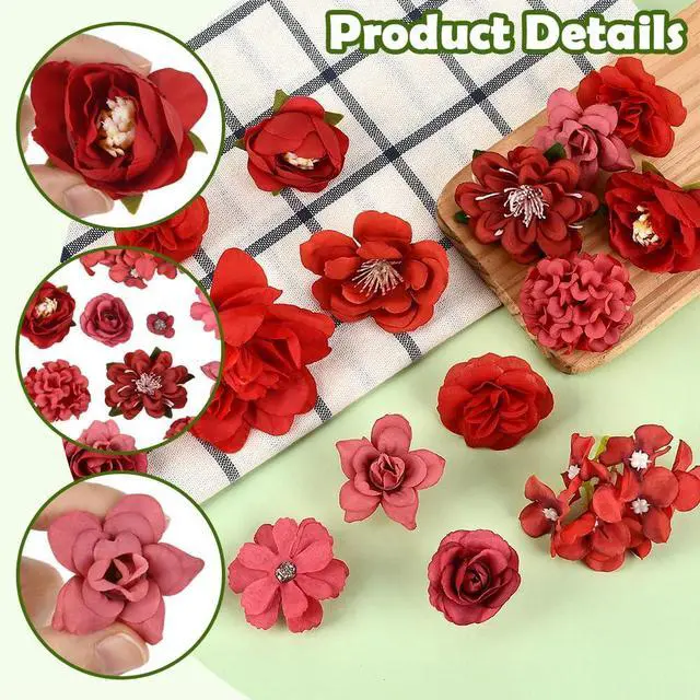 Alt view image 3 of 4 - 1 Box 51Pcs Random Style Red Faux Flower Heads Artificial Flower Heads Silk Fabric Blossoms Wedding Party Home Decoration for Wreath Garland Making Supplies DIY Crafts Cake Toppers Bouquets