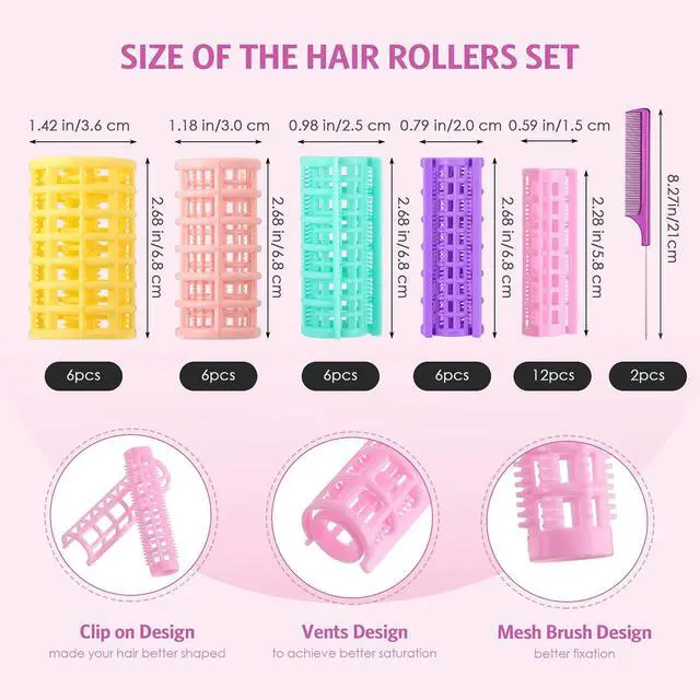 Alt view image 2 of 6 - 36 Pieces Plastic Hair Roller 5 Sizes Curlers Self Grip No Heat Rollers with 2 Pieces Steel Pintail Combs for Short Long Hair Salon Barber Hairdressing Styling Tools(Bright Colors)