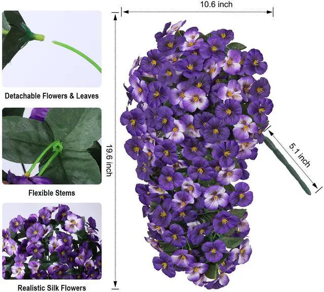 Alt view image 3 of 7 - Artificial Flowers for Outdoors, 2pcs Faux Silk Pansies Flowers UV Resistant Fake Hanging Flower Plants for Outside Planters Porch Yard Patio Window Box (Mix Purple)