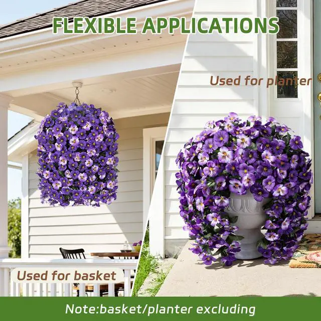 Alt view image 4 of 7 - Artificial Flowers for Outdoors, 2pcs Faux Silk Pansies Flowers UV Resistant Fake Hanging Flower Plants for Outside Planters Porch Yard Patio Window Box (Mix Purple)