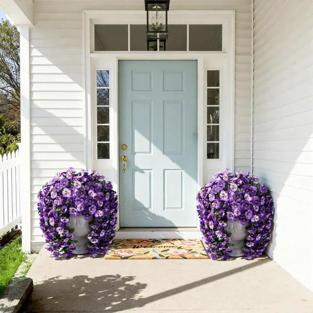 Alt view image 6 of 7 - Artificial Flowers for Outdoors, 2pcs Faux Silk Pansies Flowers UV Resistant Fake Hanging Flower Plants for Outside Planters Porch Yard Patio Window Box (Mix Purple)