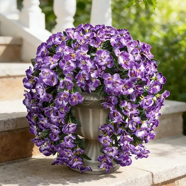 Alt view image 2 of 7 - Hibiscus Artificial Fake Hanging Flowers Plants for Outdoor Spring Decoration, 2PCS UV Resistant Faux Hibiscus Silk Flowers Realistic Look Real for Planters Outside Porch Patio Yard, Violet