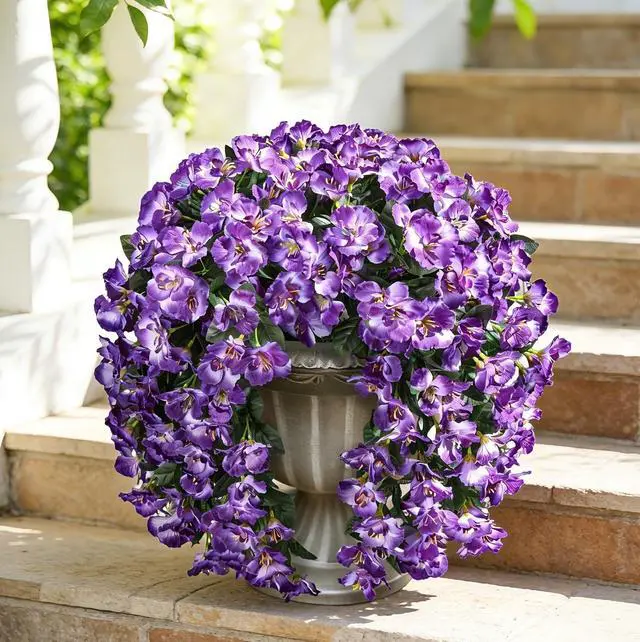 Alt view image 3 of 7 - Hibiscus Artificial Fake Hanging Flowers Plants for Outdoor Spring Decoration, 2PCS UV Resistant Faux Hibiscus Silk Flowers Realistic Look Real for Planters Outside Porch Patio Yard, Violet