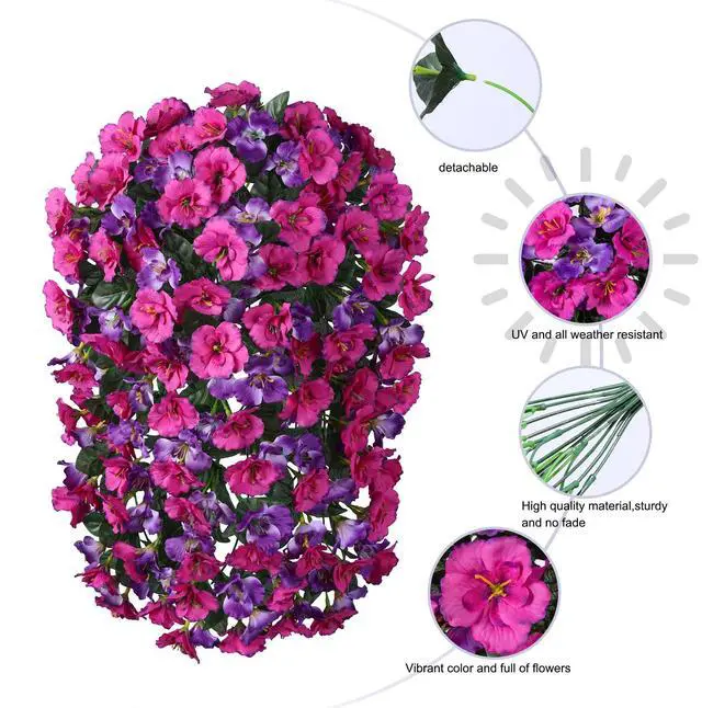Alt view image 6 of 7 - Hibiscus Artificial Fake Hanging Flowers Plants for Outdoor Spring Decoration, 2PCS UV Resistant Faux Hibiscus Silk Flowers Realistic Look Real for Planters Outside Porch Patio Yard, Violet