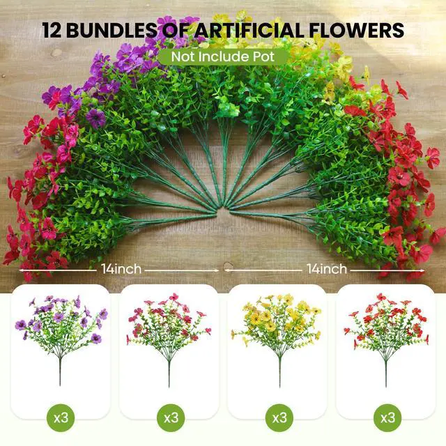 Alt view image 2 of 7 - Artificial Flowers for Outdoors, Fake Faux Plants Outside Realistic Spring Summer Decor, UV Resistant Silk Flowers for Home Porch Garden (12, Purple Red Yellow Hot Pink)