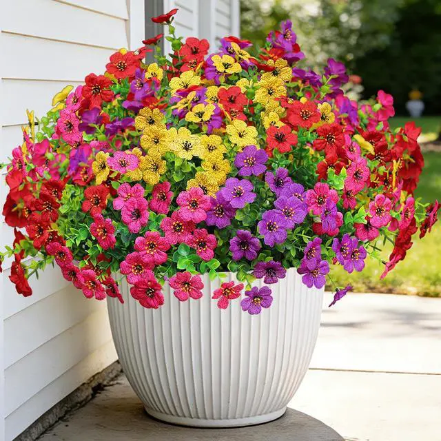 Main image of Artificial Flowers for Outdoors, Fake Faux Plants Outside Realistic Spring Summer Decor, UV Resistant Silk Flowers for Home Porch Garden (12, Purple Red Yellow Hot Pink)