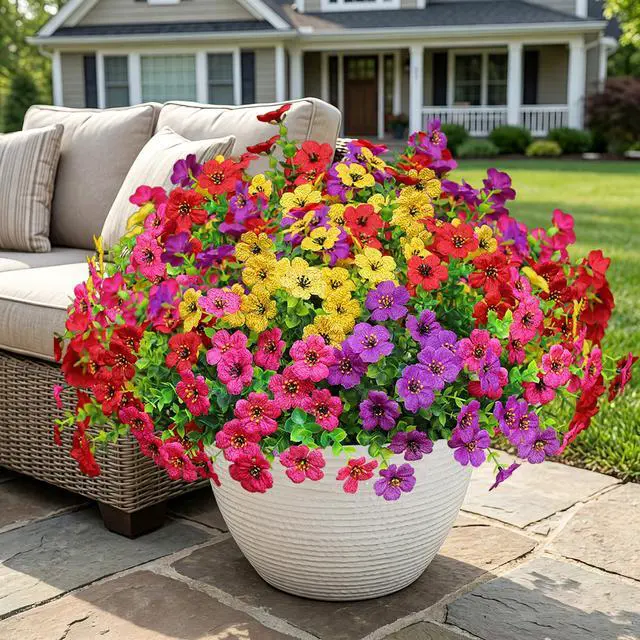 Alt view image 3 of 7 - Artificial Flowers for Outdoors, Fake Faux Plants Outside Realistic Spring Summer Decor, UV Resistant Silk Flowers for Home Porch Garden (12, Purple Red Yellow Hot Pink)