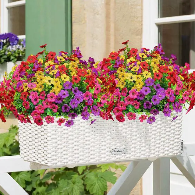 Alt view image 4 of 7 - Artificial Flowers for Outdoors, Fake Faux Plants Outside Realistic Spring Summer Decor, UV Resistant Silk Flowers for Home Porch Garden (12, Purple Red Yellow Hot Pink)